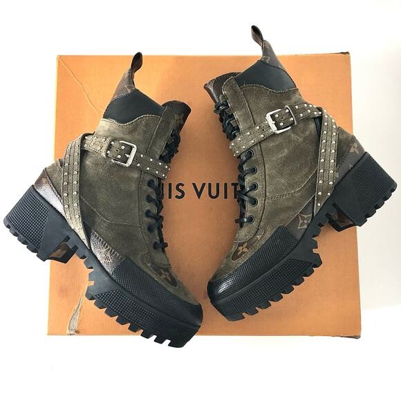 Louis Vuitton Laureate Monogram Calfskin Lace Up Platform Ankle Boots 37 - Picture 1 of 10